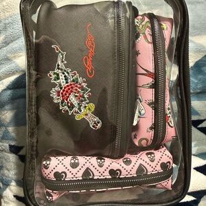 Ed Hardy Black and Pink Skull Cosmetic Bag Trio